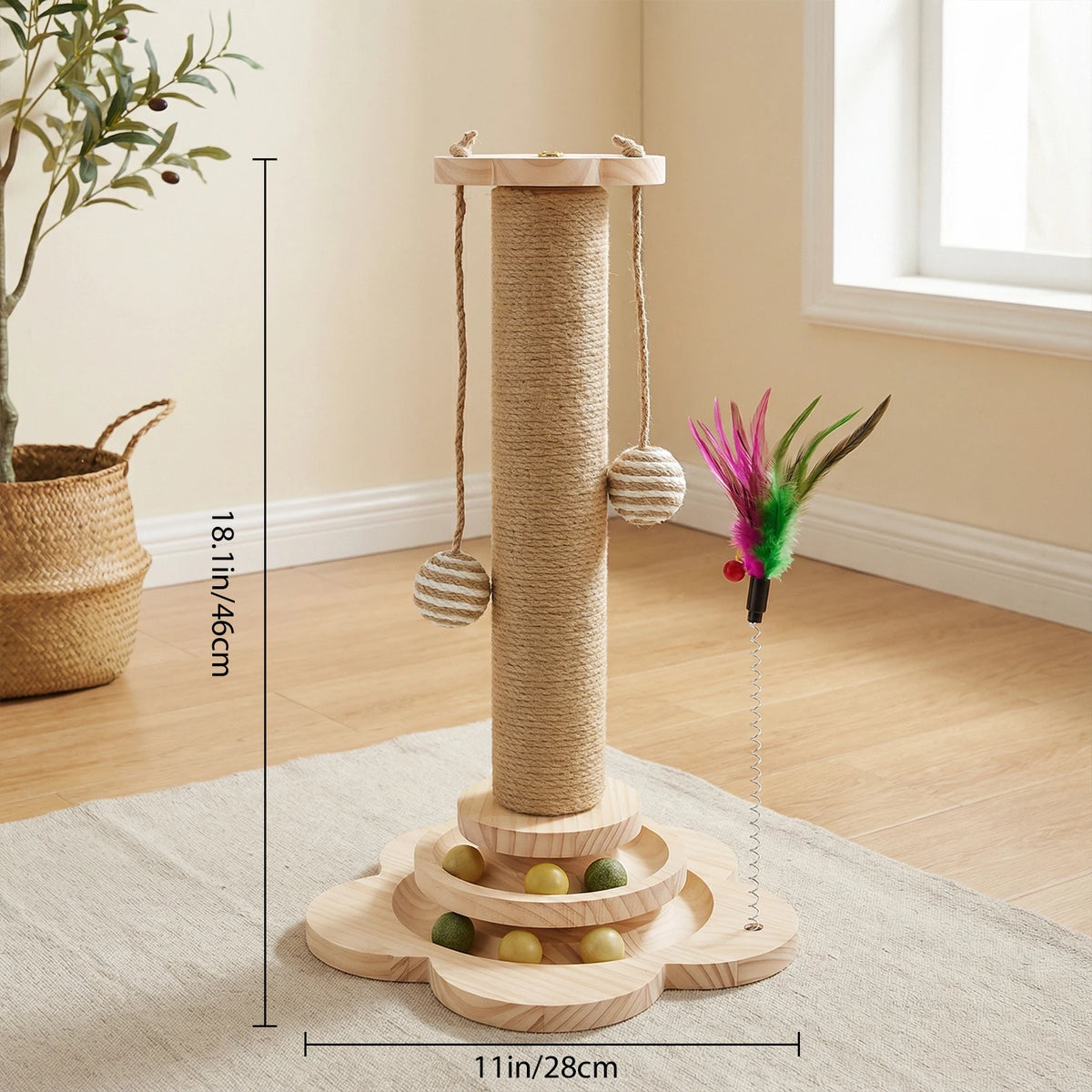 Rascador de madera para gatos con sisal natural, rascador resistente para gatos de interior, juguetes para gatitos con pelota interactiva en riel, pluma con resorte, plataforma de juego y poste rascador (46 cm de alto)