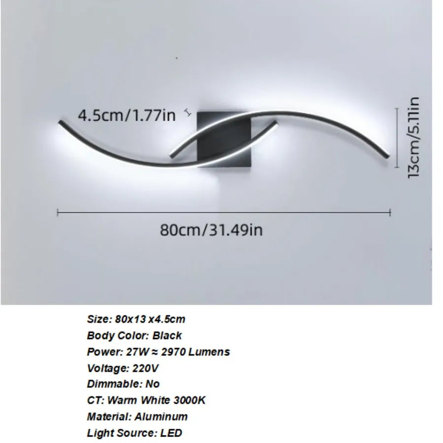 LED-Wandleuchte, schwarze Innenwandlampe, warmweißes Licht 3000 K, moderne geschwungene Form für Schlafzimmer, Wohnzimmer und Flur, 3000 K