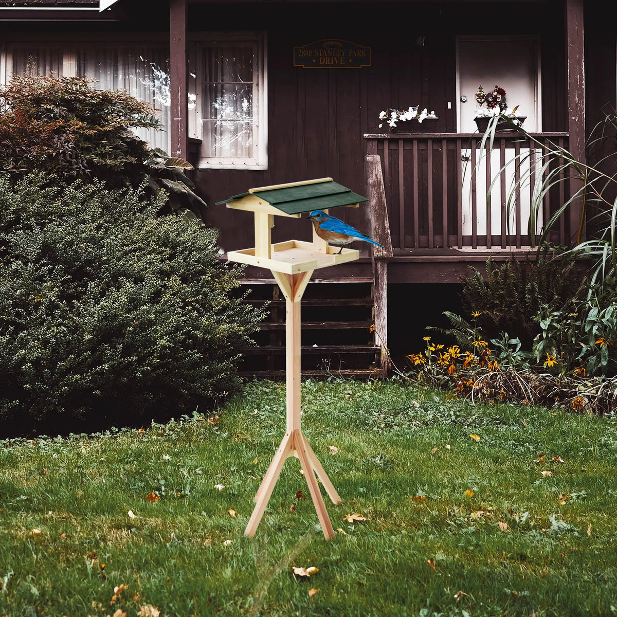 Mesa tradicional de madera para pájaros, comedero para aves de jardín con soporte independiente