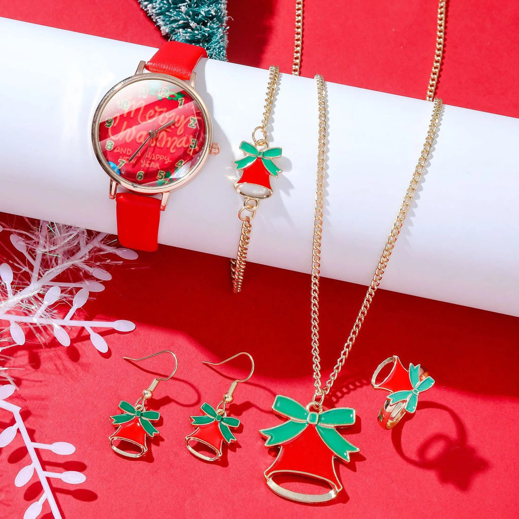 Weihnachtsmann 6-teiliges Weihnachtsschmuckset mit Uhr, Halskette, Armband und Ring (Ohrringe, für Damen und Mädchen)