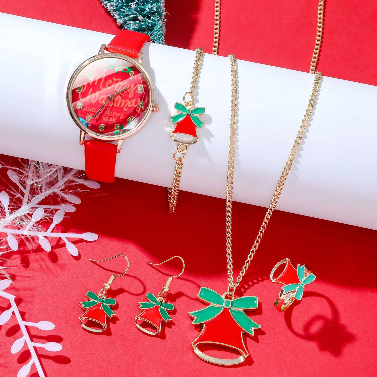 Weihnachtsmann 6-teiliges Weihnachtsschmuckset mit Uhr, Halskette, Armband und Ring (Ohrringe, für Damen und Mädchen)