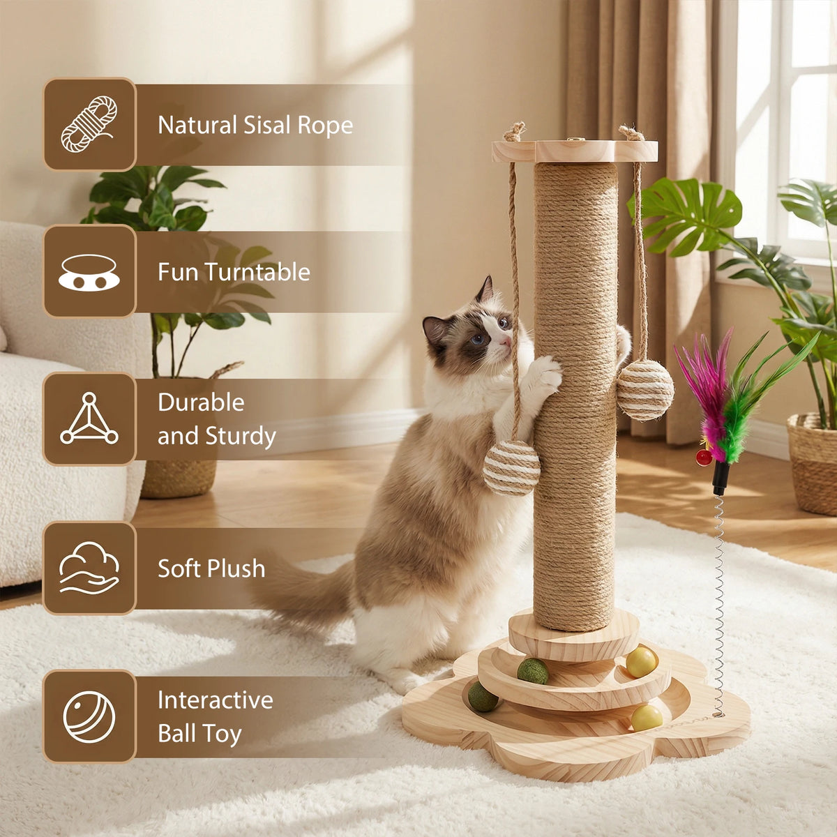 Rascador de madera para gatos con sisal natural, rascador resistente para gatos de interior, juguetes para gatitos con pelota interactiva en riel, pluma con resorte, plataforma de juego y poste rascador (46 cm de alto)