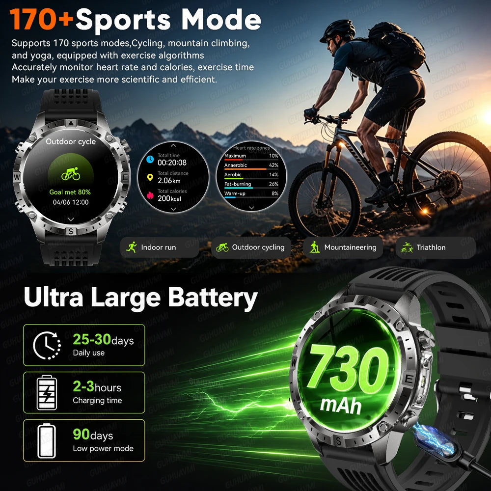 2026 New Built in GPS Smart Watch Offline Map Compass Fitness Tracker BT Call 3ATM Waterproof Altimeter Barometer Rugged Outdoor HD Smartwatch Men