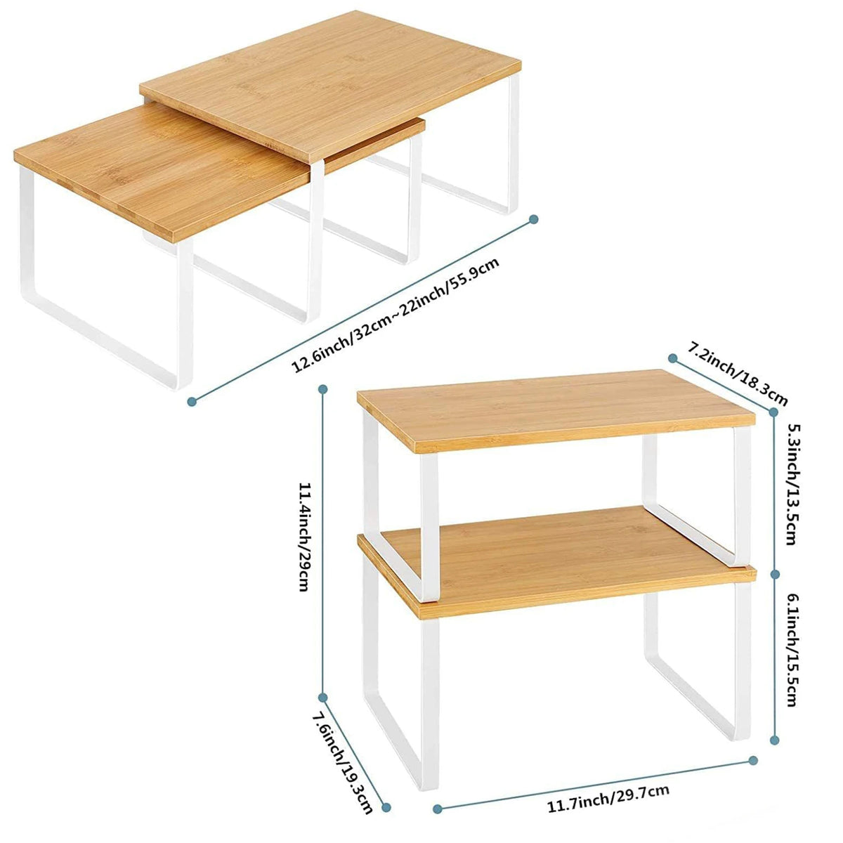 Organizador de especias de madera de bambú de 2 piezas, estante apilable multiusos para la encimera de cocina, soporte metálico para condimentos para armario o encimera