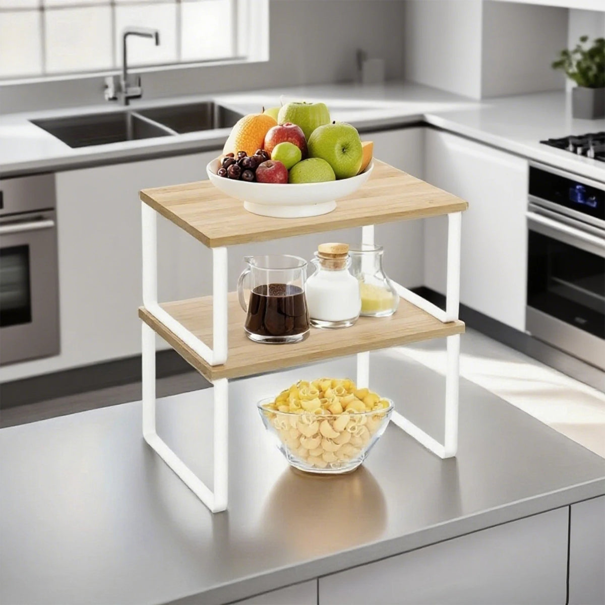 Organizador de especias de madera de bambú de 2 piezas, estante apilable multiusos para la encimera de cocina, soporte metálico para condimentos para armario o encimera
