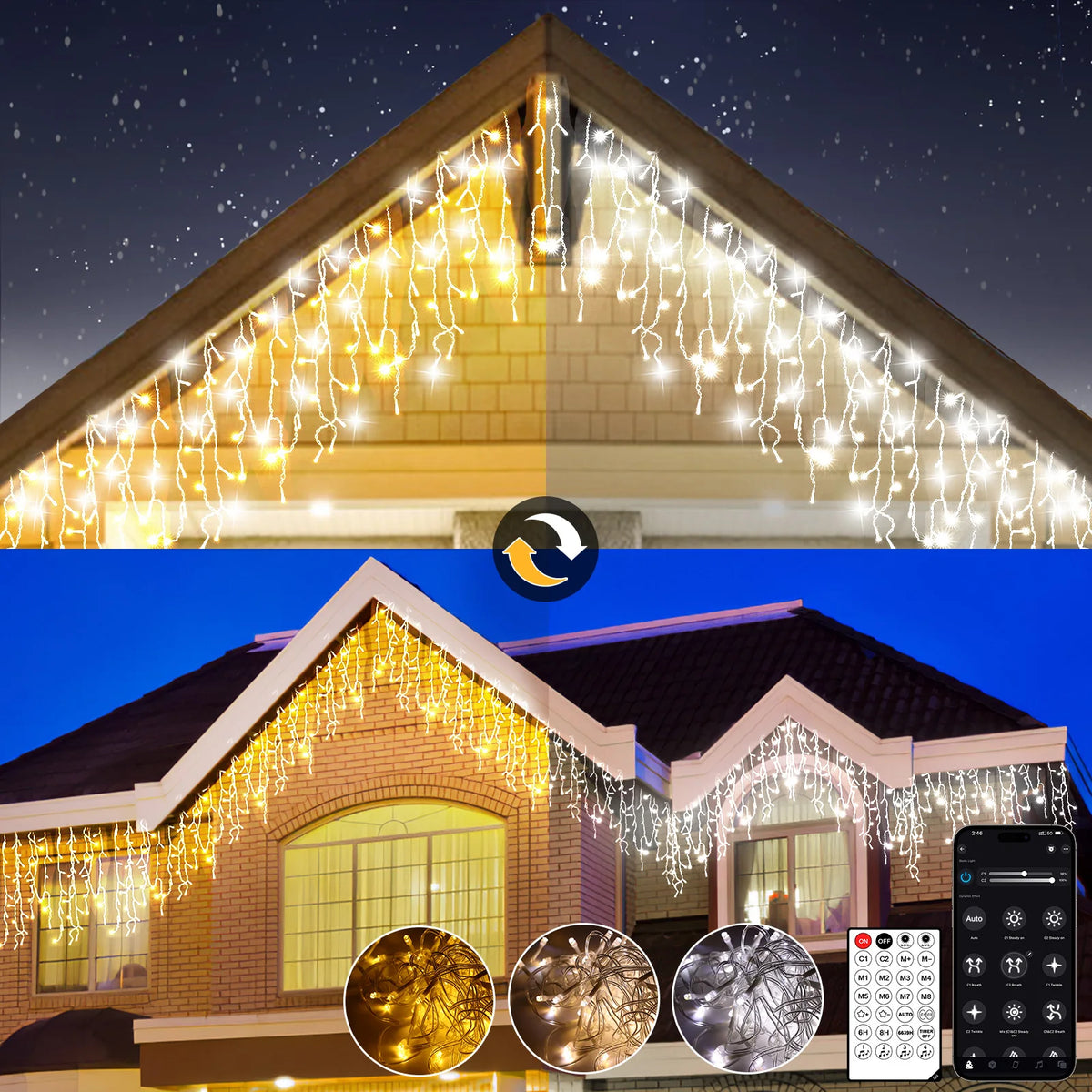 Christmas Led Icicle String Lights 5/10/15/30/45m, 200-1800 Leds, Warm/Cold White or Multi-Color, App + Remote Control, Music Mode, Timer, Dimmable, Ip65 Outdoor, with Hooks and Clips
