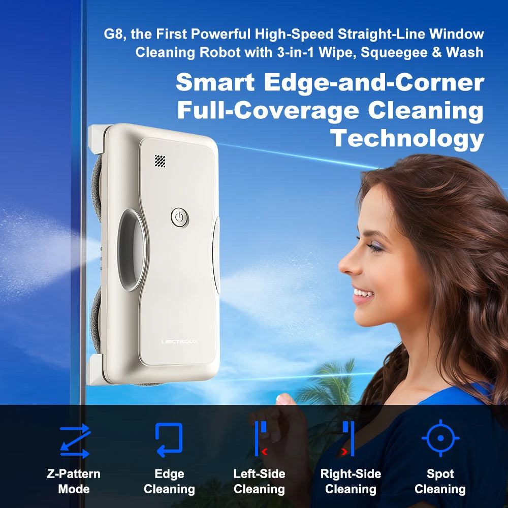 NEW Window Cleaning Robot LIECTROUX G8, High-Speed Cleaning, Double Water Spray, AI Navigation, 4 Soft Rubber Brush,Smart Memory