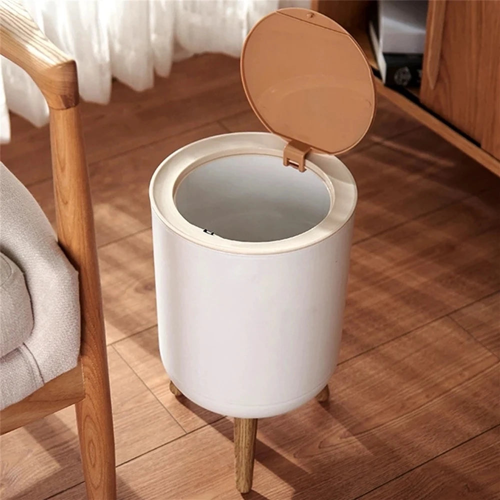 Mülleimer mit modernen Holzfüßen und Druckdeckel für Wohnzimmer, Badezimmer, Küche und Büro, 7 l/10 l