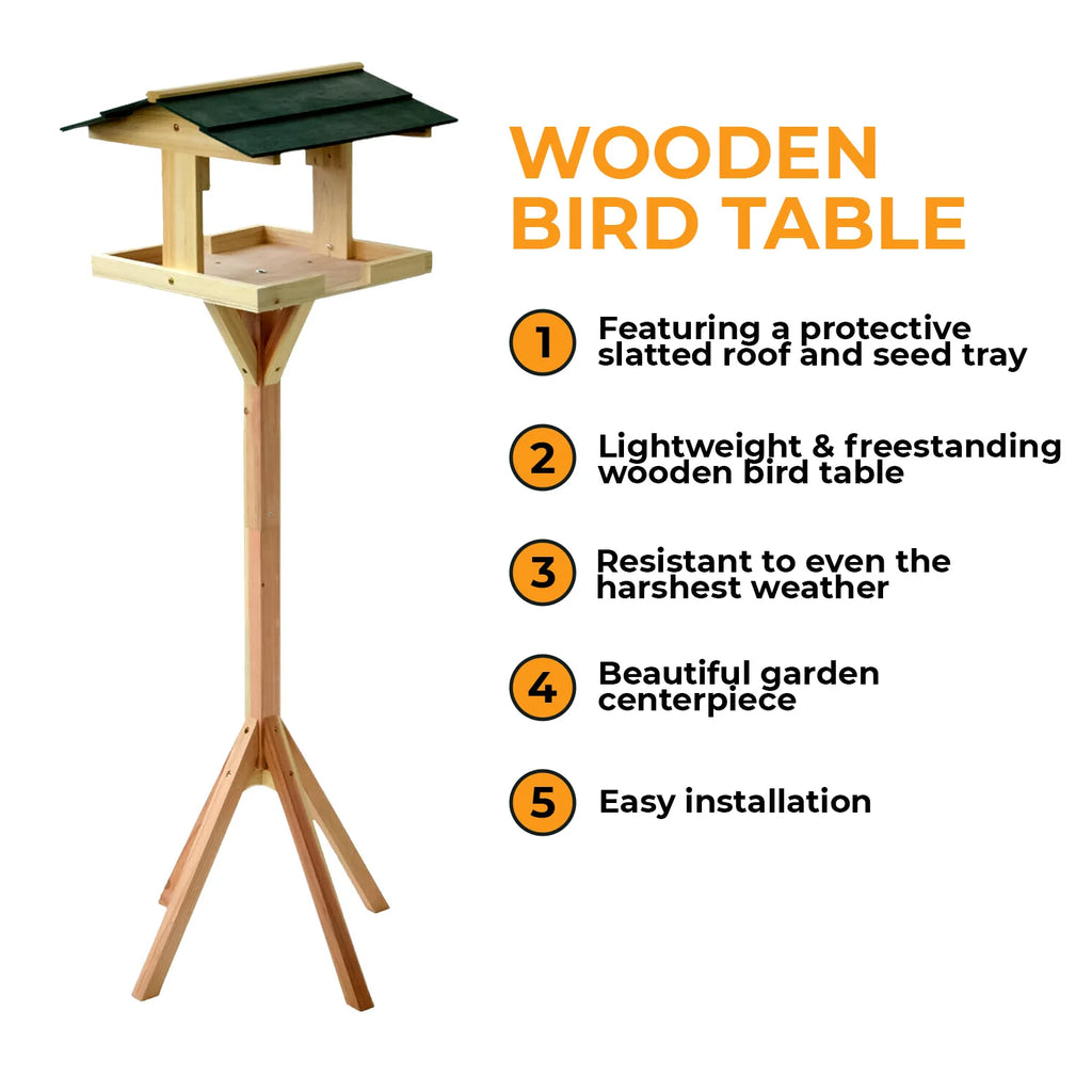 Traditional Wooden Bird Table, Garden Bird Feeder Feeding Station, Freestanding