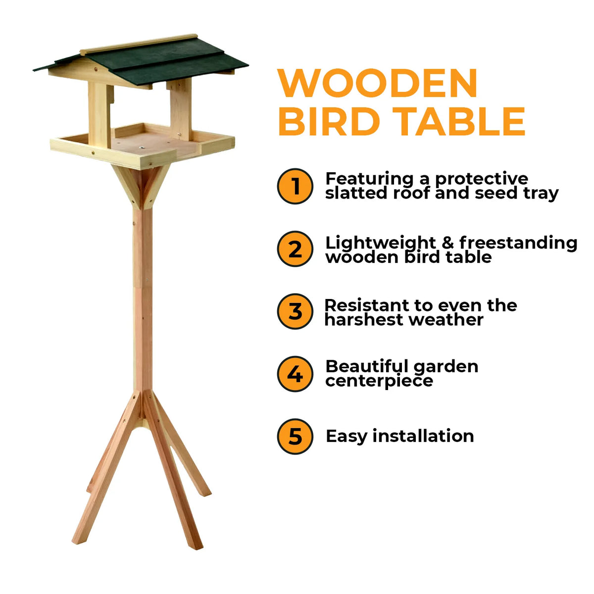 Mesa tradicional de madera para pájaros, comedero para aves de jardín con soporte independiente