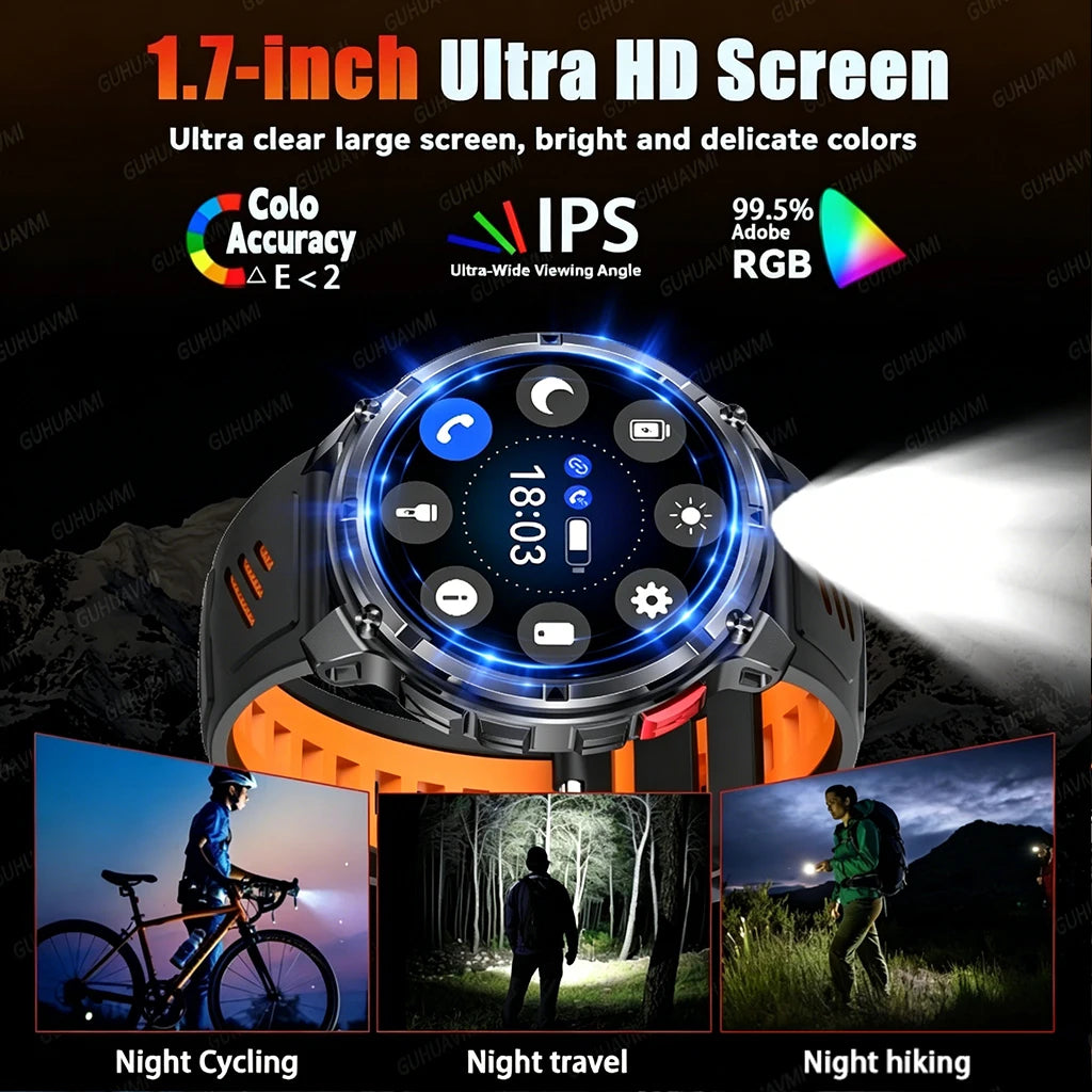 New Men Military 1100mAh Durable Large Battery Smart Watch 1.7" HD Large screen With LED Flashlight Compass Heart Rate Bluetooth Call IP68 Waterproof Sports Smartwatch