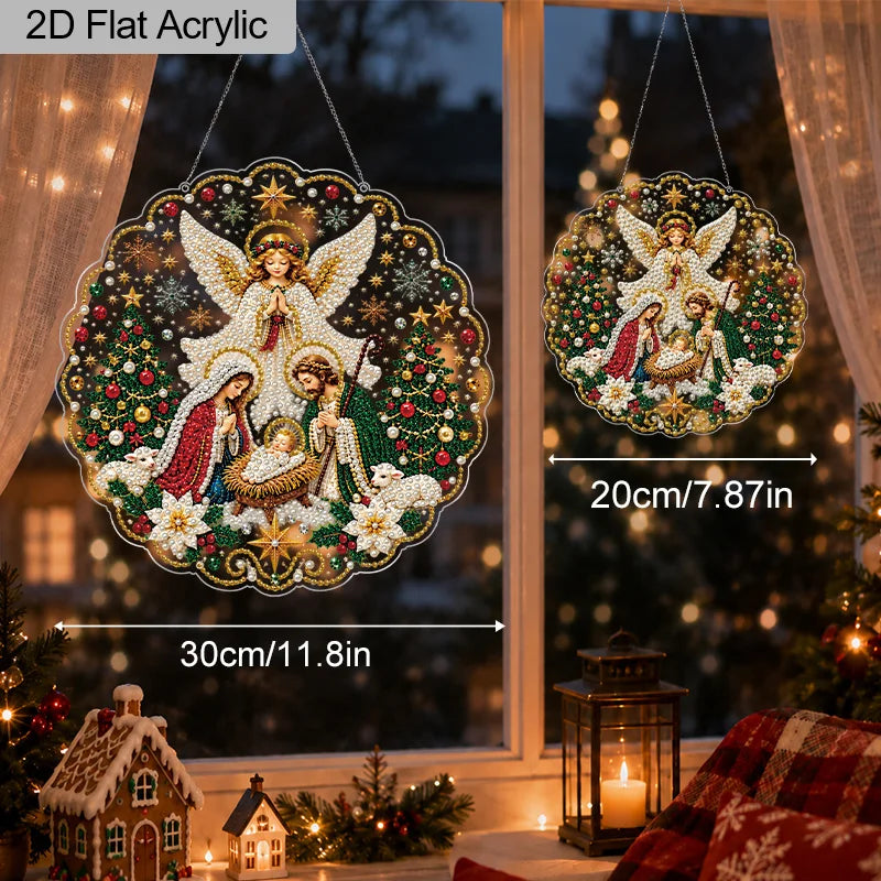 Christmas Nativity Scene Pearl Diamond Painting 2D Flat Acrylic Hanging Ornament with Holy Family Angel Lace-Edge Decor