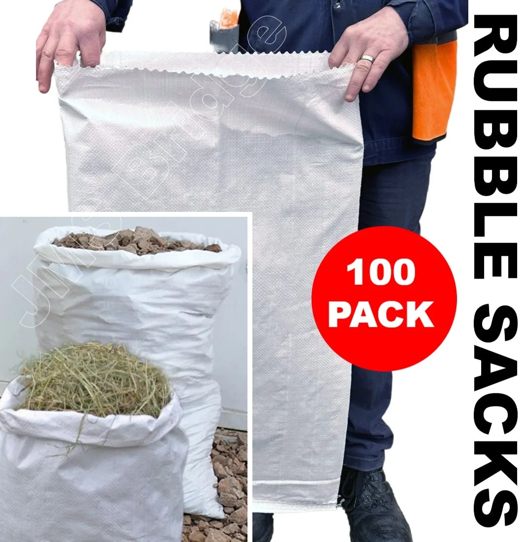 100 X Woven Rubble Sacks, Reusable White Woven Plastic Bags, Polypropylene Builder Bag 33 Inch X 22 Inch (85 cm X 55 cm)