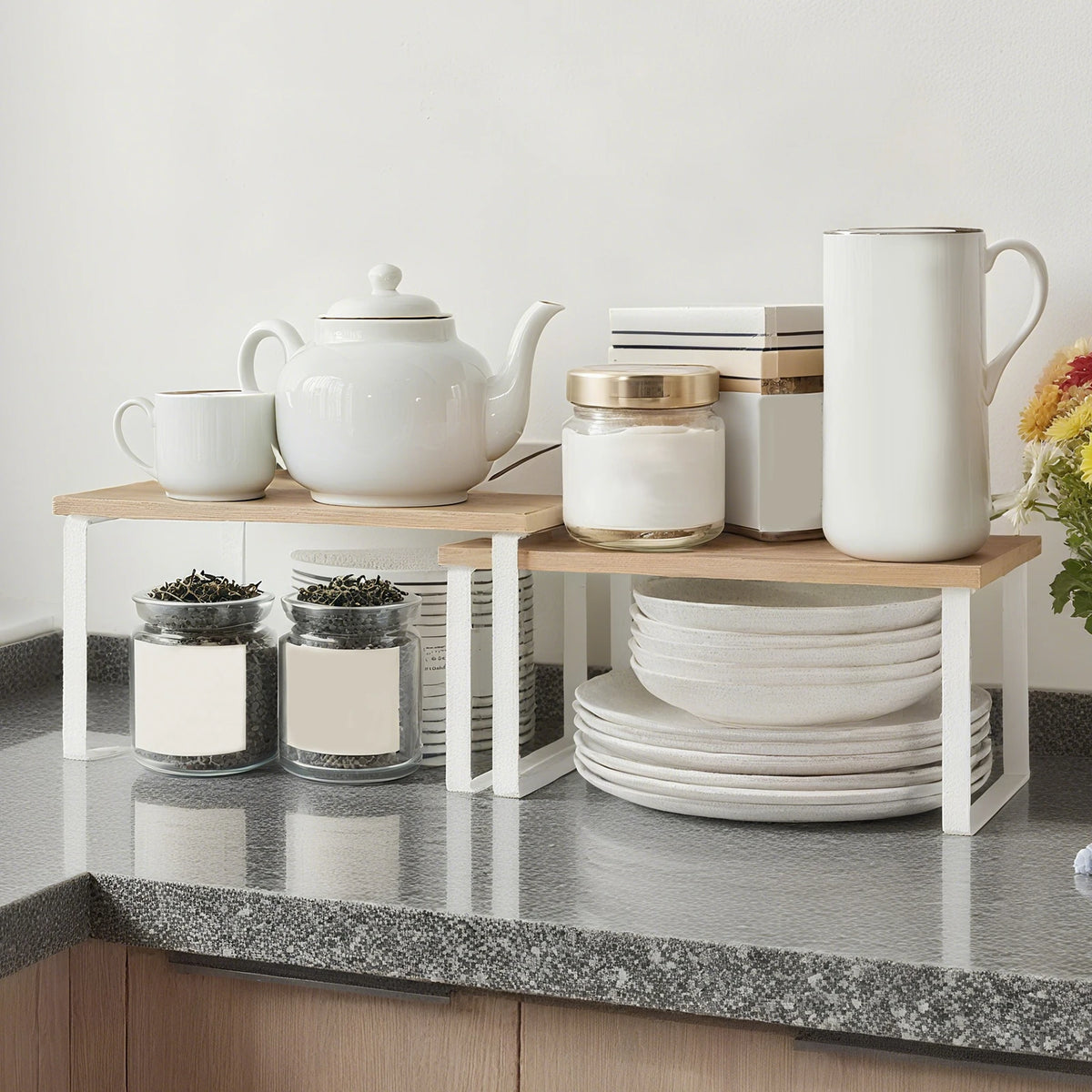 Organizador de especias de madera de bambú de 2 piezas, estante apilable multiusos para la encimera de cocina, soporte metálico para condimentos para armario o encimera