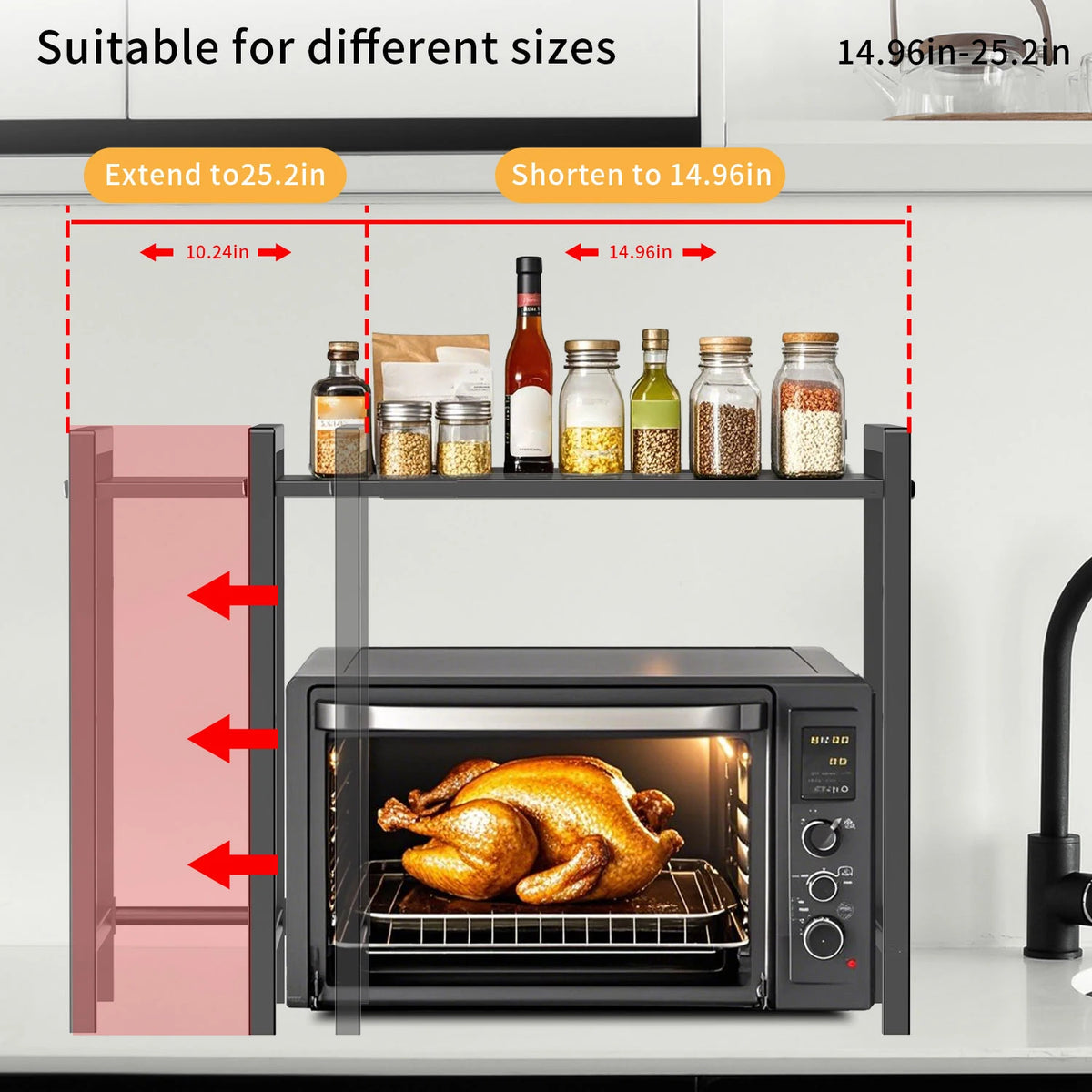 Microwave Shelf Organizer Expandable 38-64cm Retractable Oven Cooker Rack No-Drill Kitchen Countertop Appliances Storage Rack