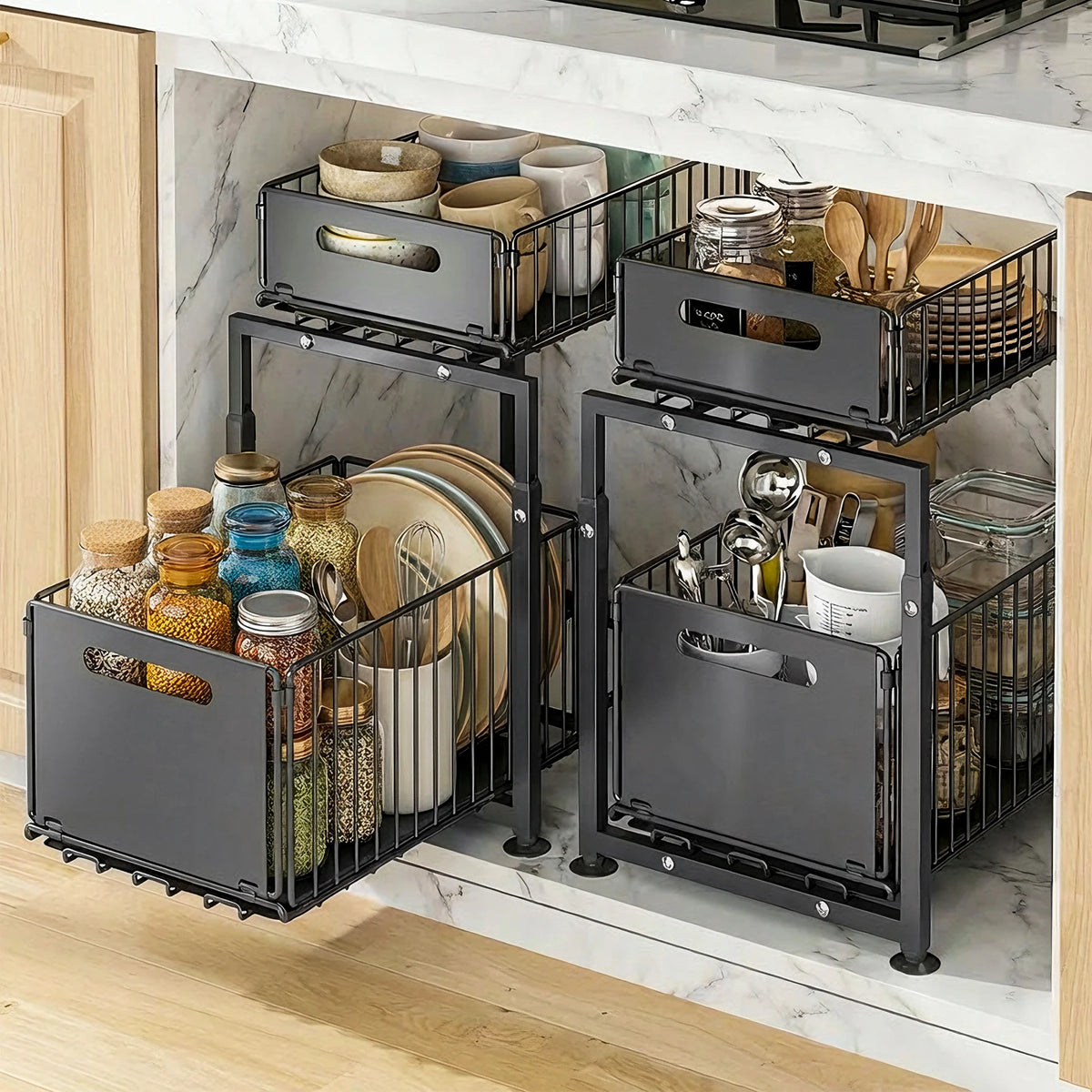 Cabinet Organizer 5-level Height Adjustable Pull-Out Double-Layer Sliding Carbon Steel Storage Drawer, Large Capacity Under-Sink Tidying Rack for Multi-Scene Use