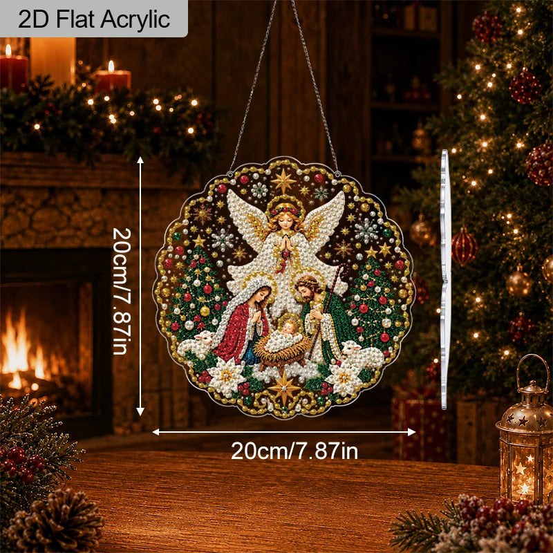 Christmas Nativity Scene Pearl Diamond Painting 2D Flat Acrylic Hanging Ornament with Holy Family Angel Lace-Edge Decor