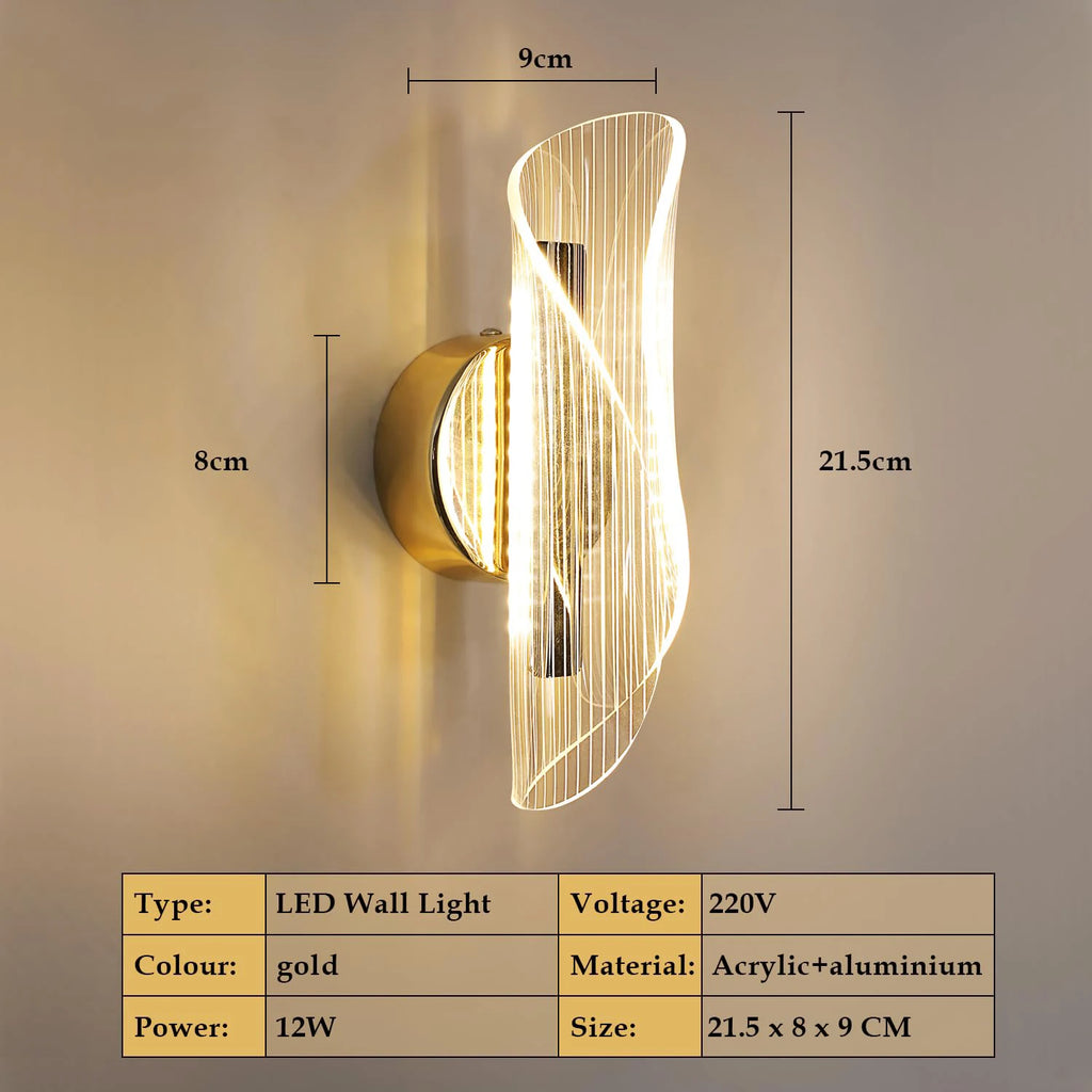 LED Interior Wall Sconce, 12W Dimmable Modern Wall Lamp Gold, Acrylic Interior Wall Light for Bedroom, Hallway, Porch