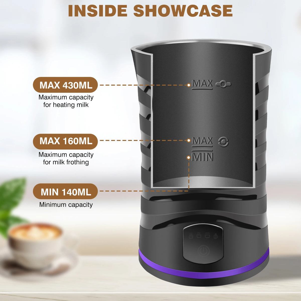 Espumador de leche de 400 W para chocolate caliente, vaporizador de leche 4 en 1 eléctrico con cable y función para bebidas calientes y frías, chocolate caliente con control de temperatura para café, latte y capuchino