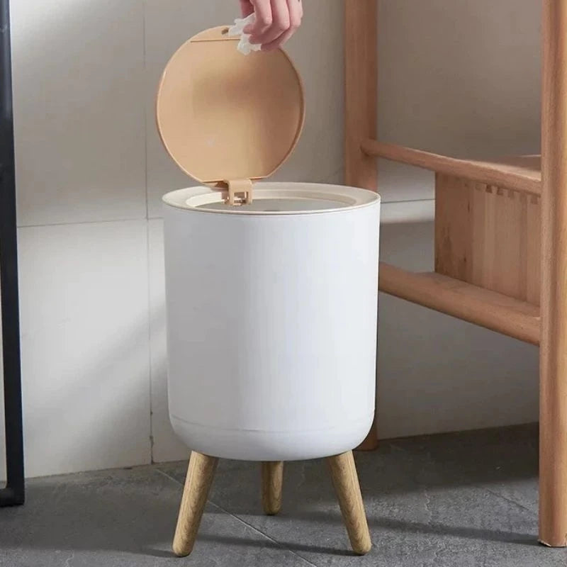 Mülleimer mit modernen Holzfüßen und Druckdeckel für Wohnzimmer, Badezimmer, Küche und Büro, 7 l/10 l
