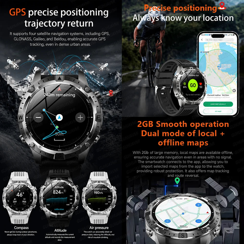2026 New Built in GPS Smart Watch Offline Map Compass Fitness Tracker BT Call 3ATM Waterproof Altimeter Barometer Rugged Outdoor HD Smartwatch Men