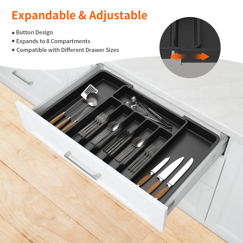 Besteckkasten für die Küchenschublade, 33–57 cm, verstellbarer, ausziehbarer Kunststoff-Einsatz für Besteck und Küchenutensilien, 8 Fächer, Schwarz
