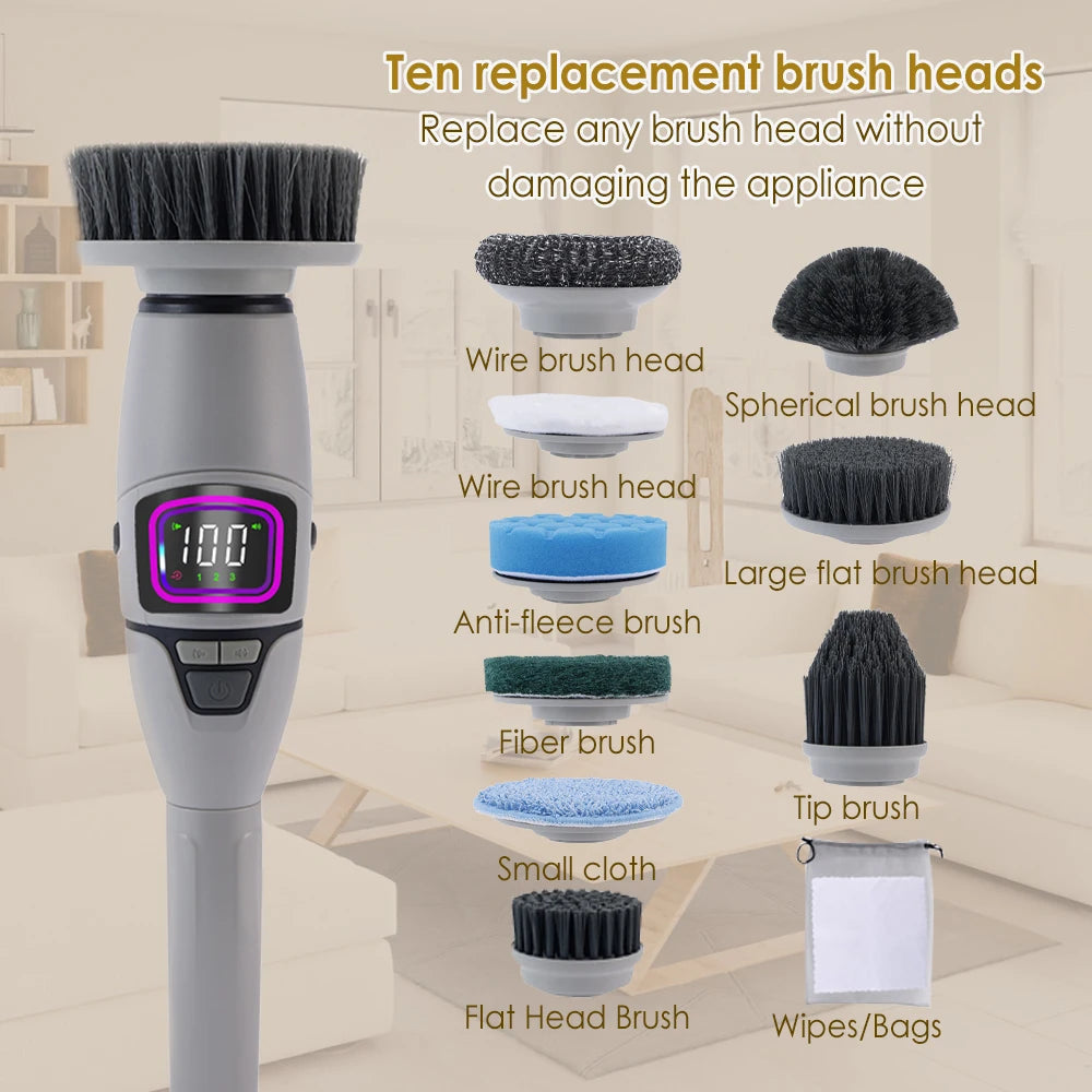 10 in 1 Multifunctional Electric Cleaning Brush, Household Rotary Cleaner with Voice Announcement, Ideal for Kitchen Cleaning