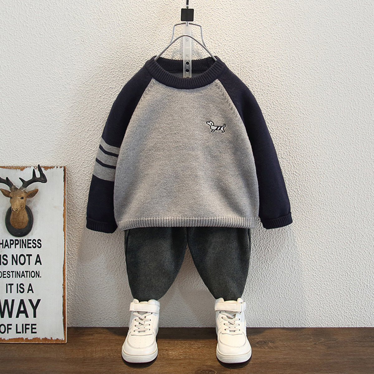 Stylish Raglan Sleeve Round Neck Boys' Knit Sweater