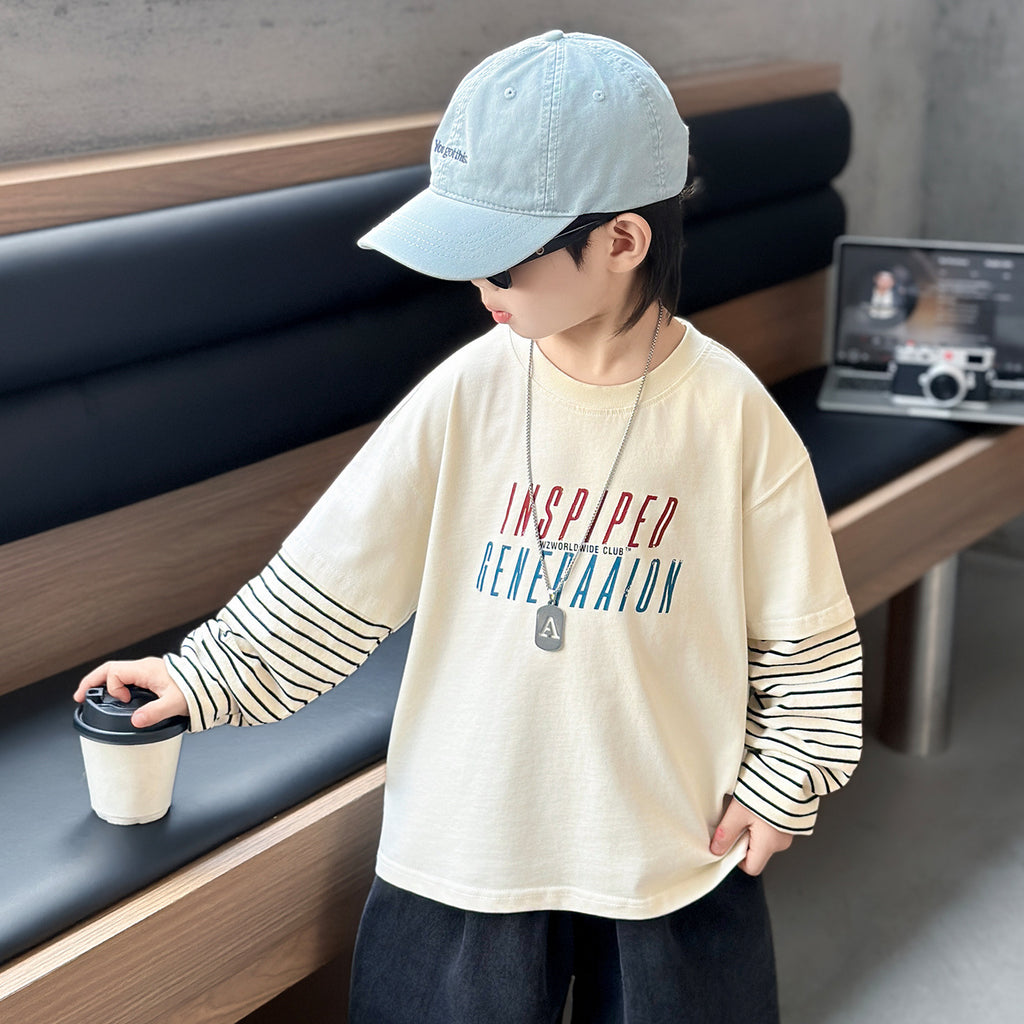 Boys'  Faux Two-Piece Long Sleeve Crew Neck T-Shirt Hoodie