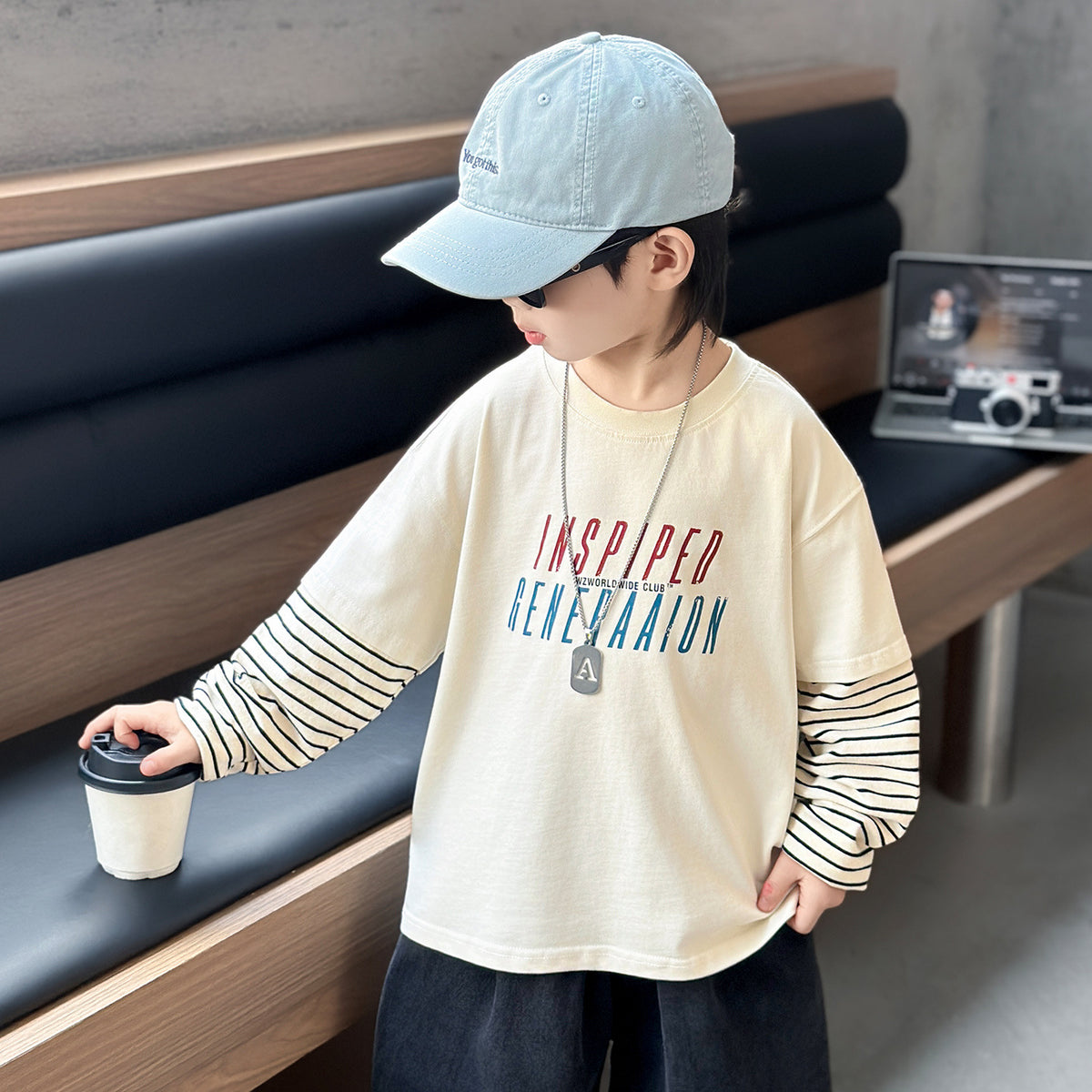Boys'  Faux Two-Piece Long Sleeve Crew Neck T-Shirt Hoodie