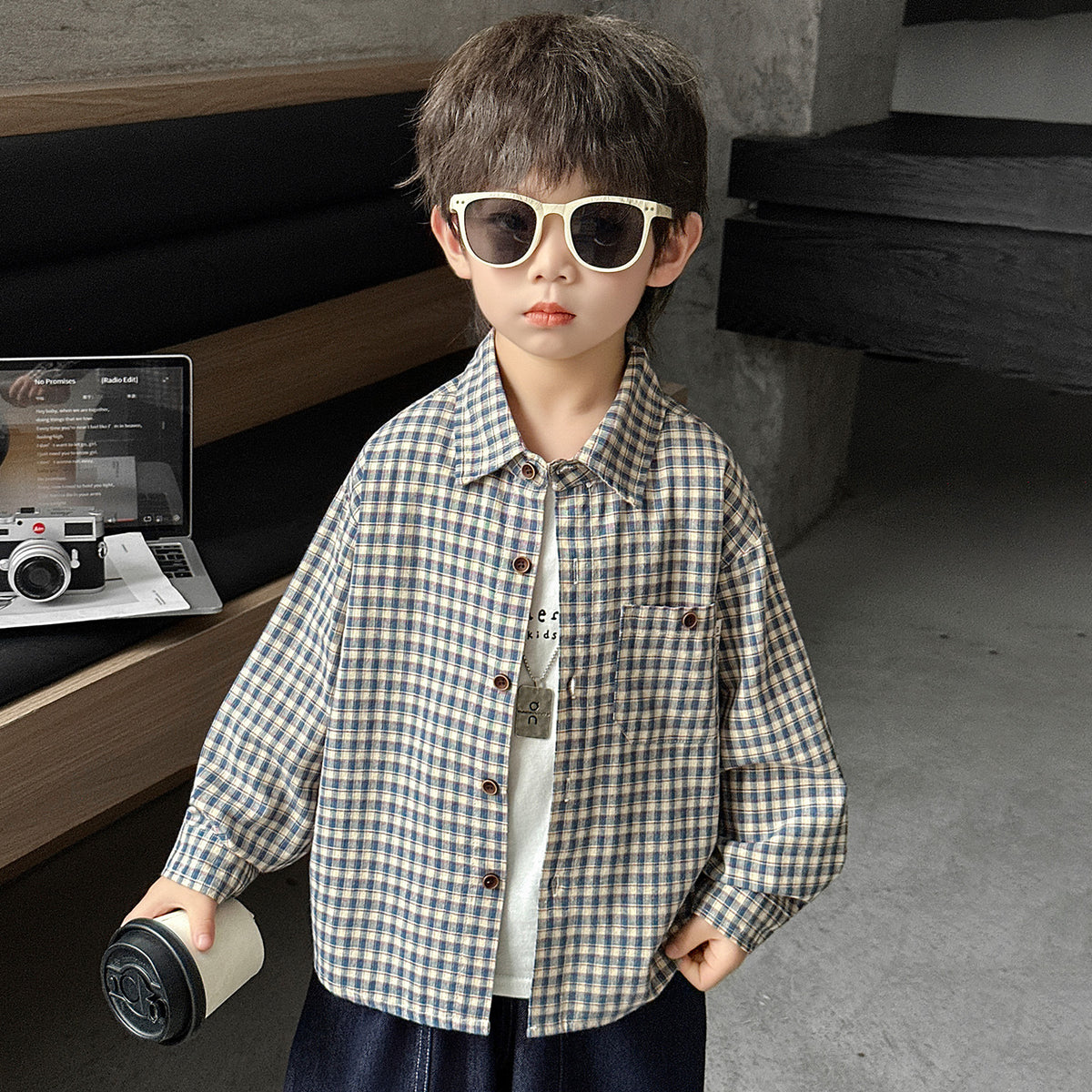 Boys Casual Plaid Long Sleeve Lapel Shirt