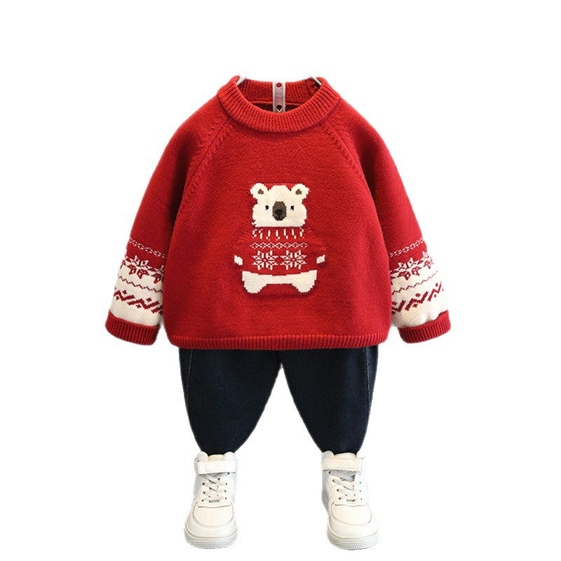 Chinese Traditional Style Solid Red Long Sleeve Round Neck Knit Sweater