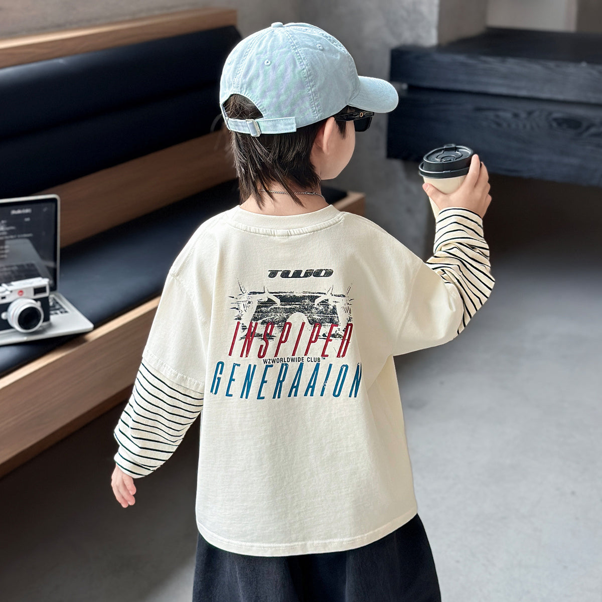 Boys'  Faux Two-Piece Long Sleeve Crew Neck T-Shirt Hoodie
