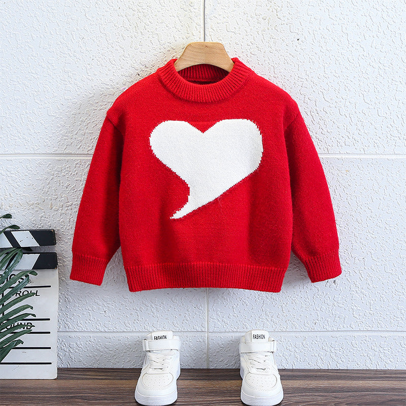 Boys' Stylish Heart Pattern Raglan Sleeve Crew Neck Pullover Sweater