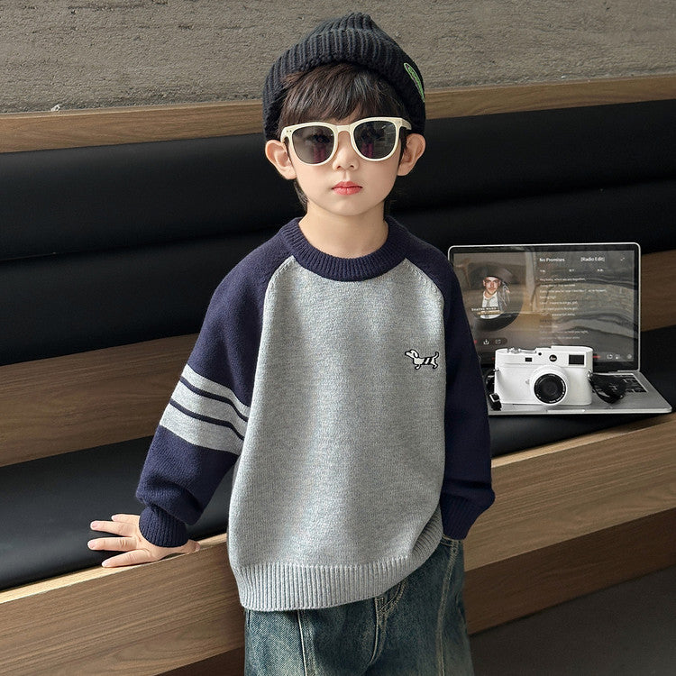 Stylish Raglan Sleeve Round Neck Boys' Knit Sweater