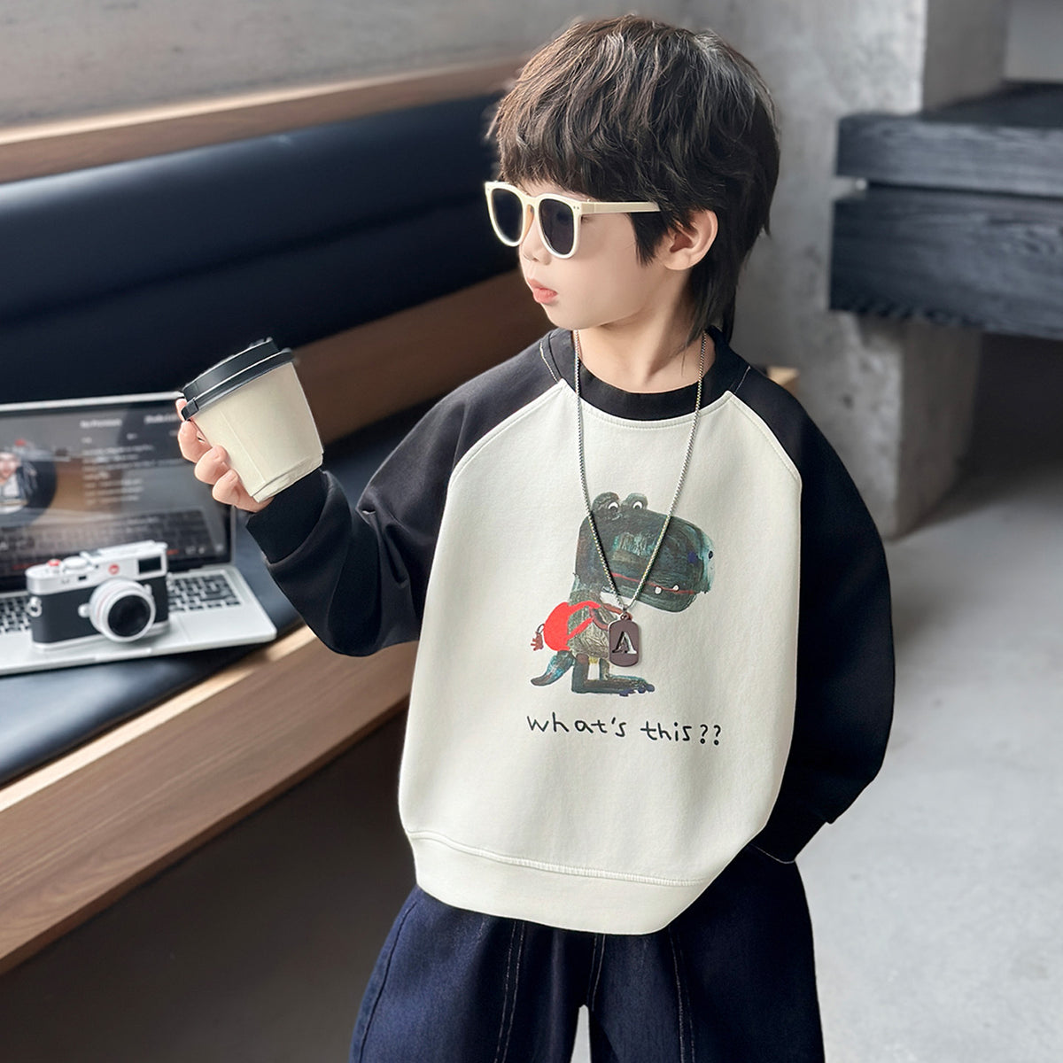 Boys' Dinosaur Print Color Block Pullover Sweatshirt