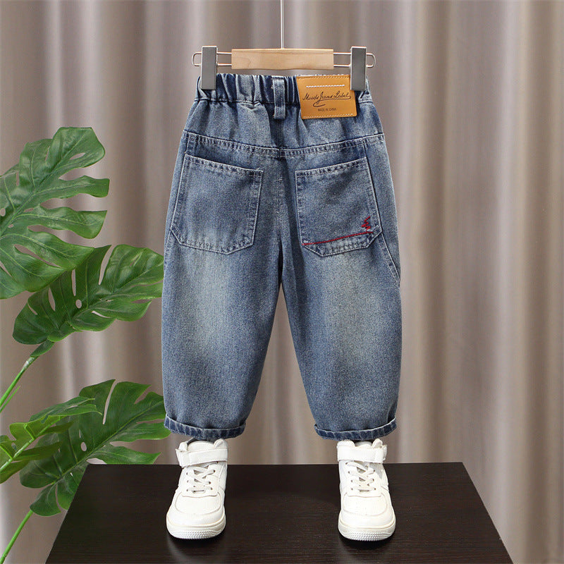 Boys Casual Denim Jeans Elastic Waist Relaxed Fit Long Pants with Embroidered Letter Patch