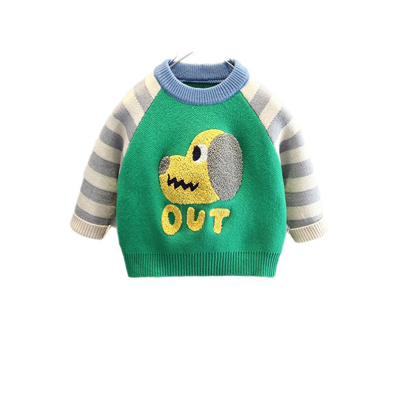 Boys' Long Sleeve Striped Dog Pattern Crew Neck Sweater