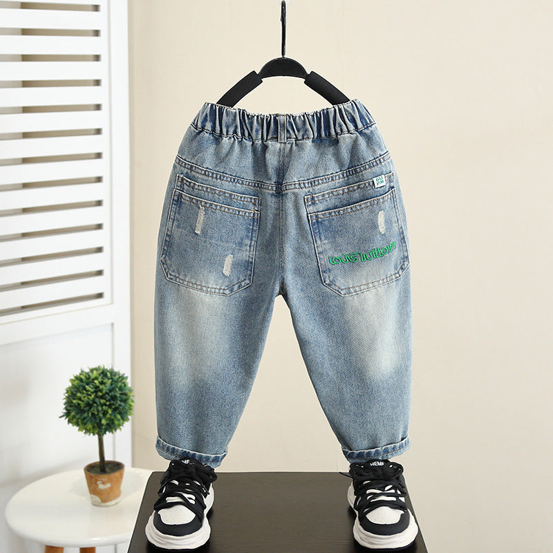 Casual Spring Autumn Boys Soft Denim Elastic Waist Casual Pants