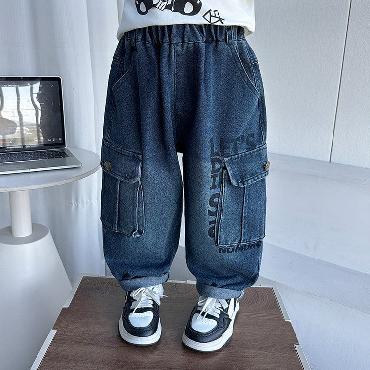 Casual Denim Cargo Pants for Boys Kids with Curved Leg Design
