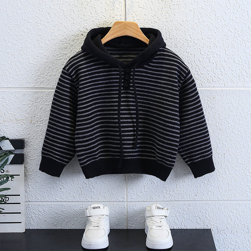 Boys Striped Hooded Thick Knit Sweater