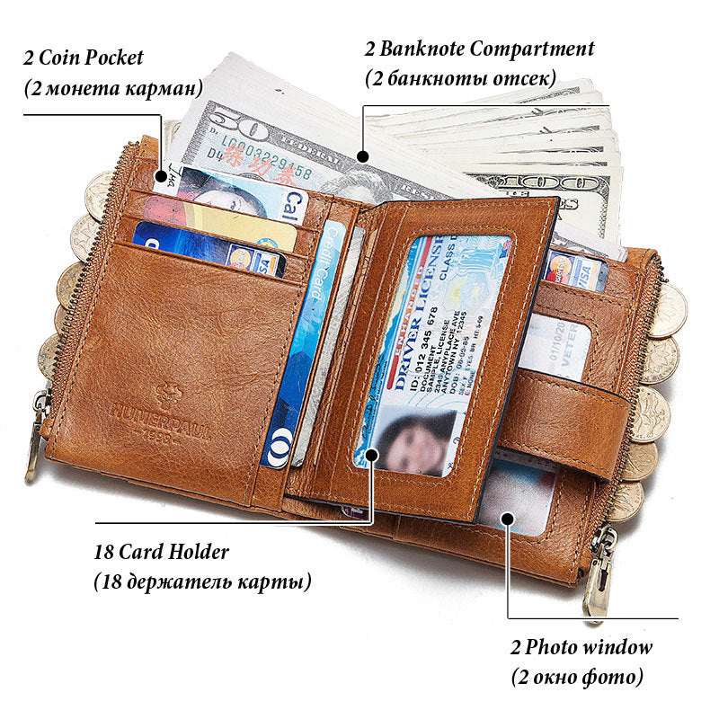 Unisex Double-Zip Leather Wallet with Card Slots