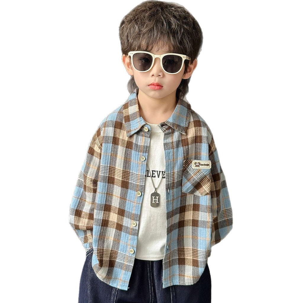 Boys' Casual Plaid Long Sleeve Collared Shirt