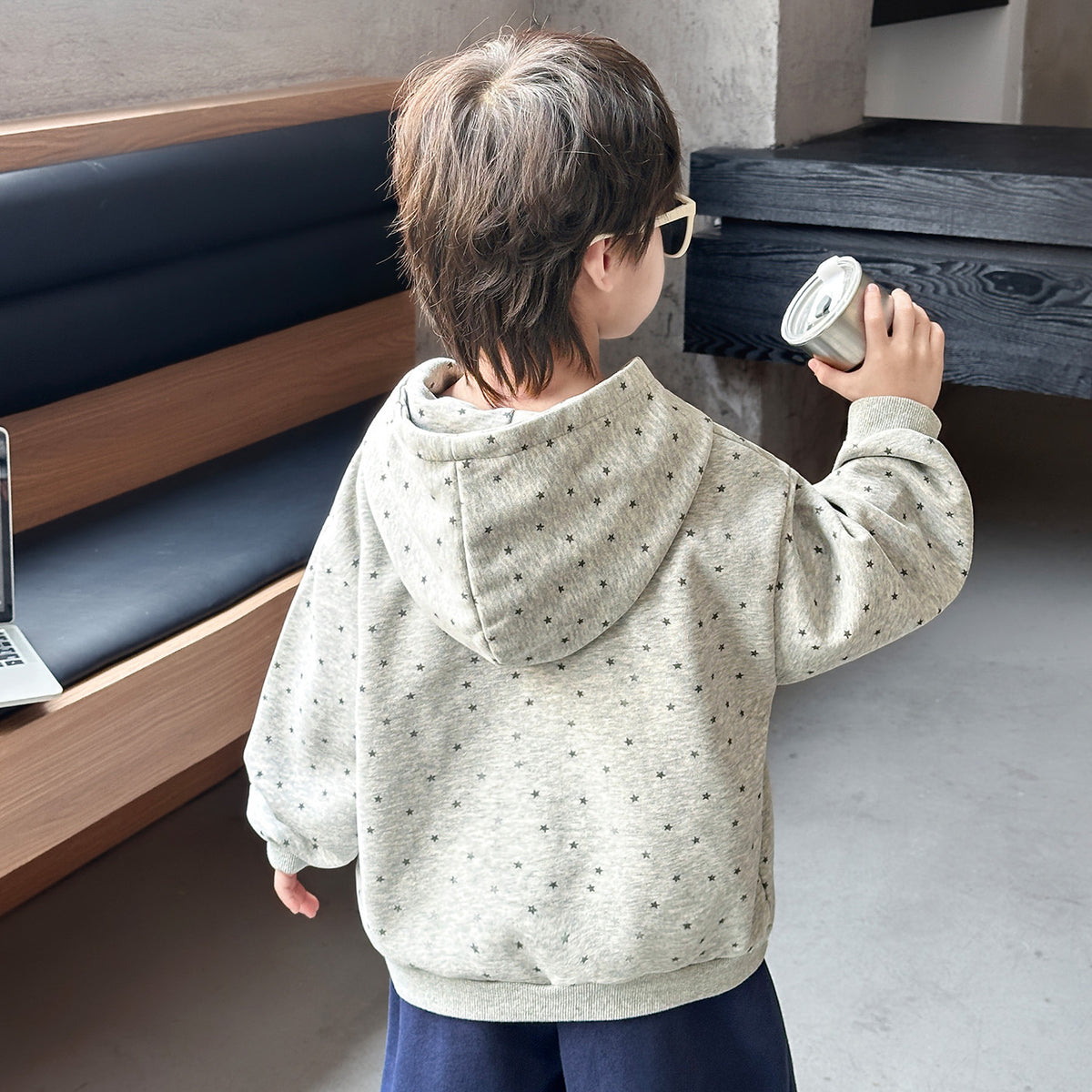 Kids Casual Loose Fit Star Print Hooded Sweatshirt