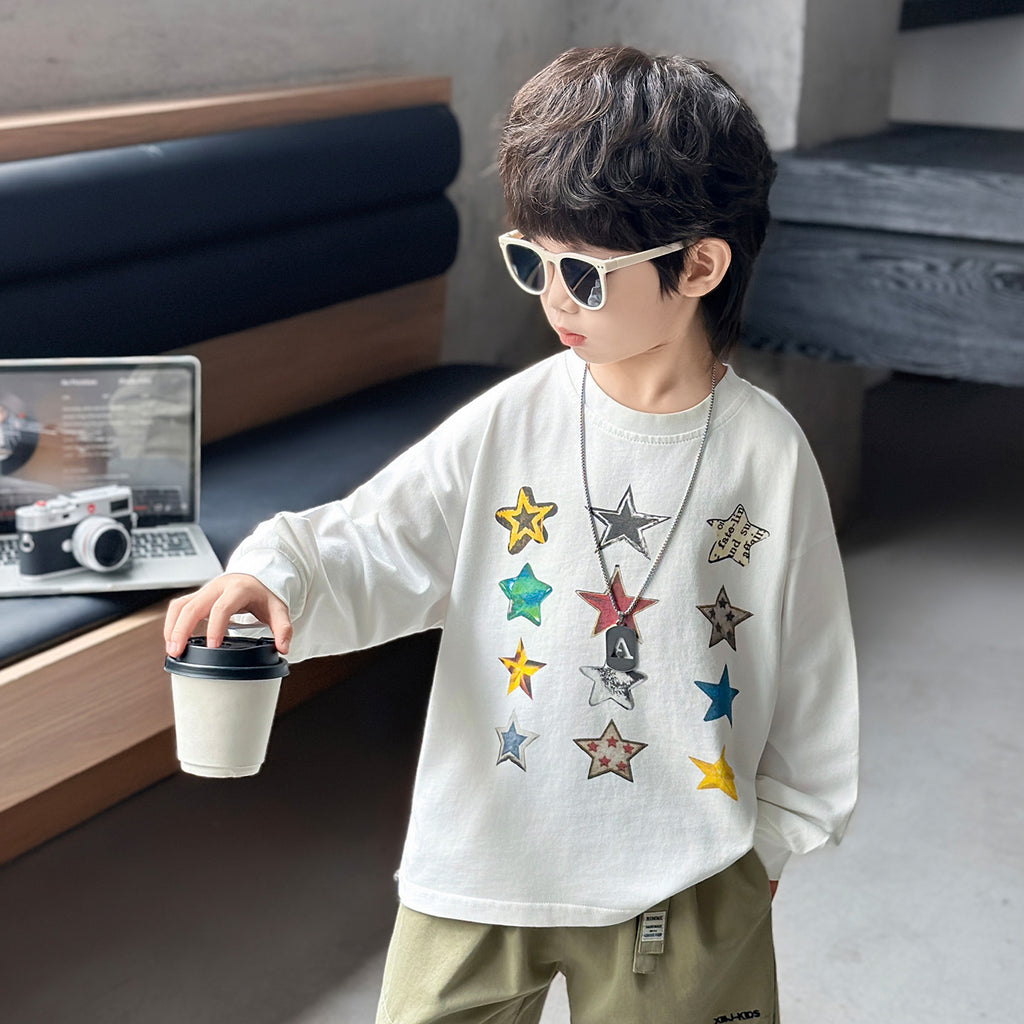 Boys' White Spring Autumn Long Sleeve Star Print Crew Neck Cotton T-Shirt