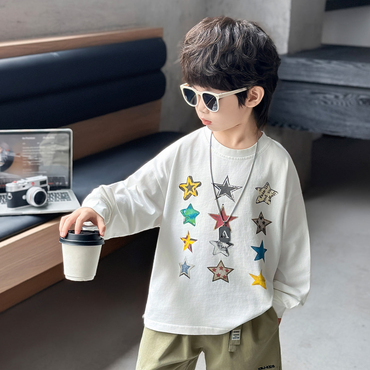 Boys' White Spring Autumn Long Sleeve Star Print Crew Neck Cotton T-Shirt