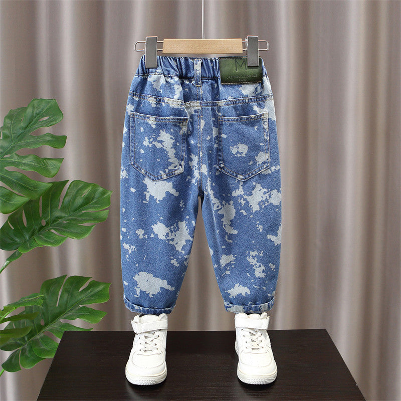 Boys’ Blue Washed-Denim Trousers with Elastic Waist