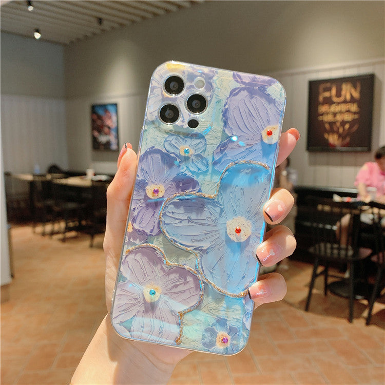 Oil Painting Purple Blue Daisy Flowers Suitable For Apple 8plus/13 Mobile Phone Cover Flash Drill iPhone 12ProMax Soft 11