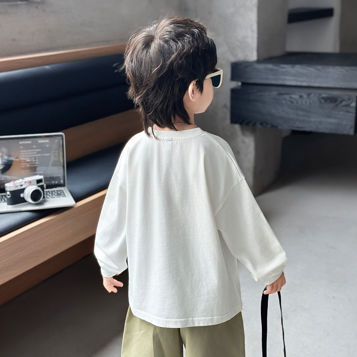 Boys' White Spring Autumn Long Sleeve Star Print Crew Neck Cotton T-Shirt
