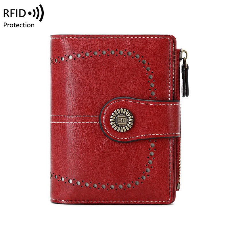 RFID Wallet Women's Short Card Bag Wax Leather Zero Wallet Fashion Buckle Zipper Wallet
